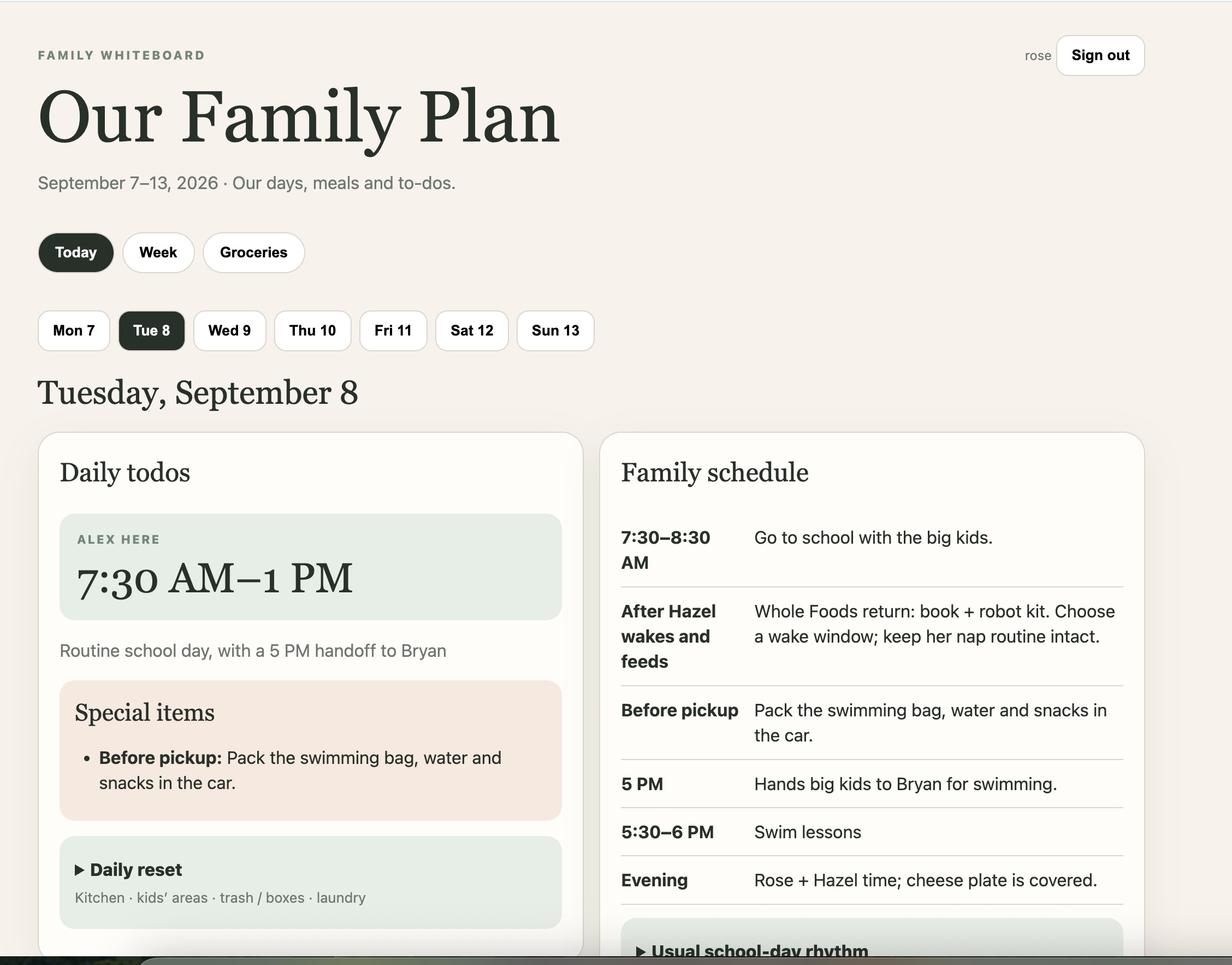 Family dashboard showing daily todos, caregiver coverage, preparation reminders, and the day's schedule with a swimming handoff